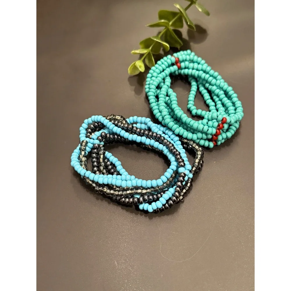 Boho Seed Bead Stretch Bracelet Set Turquoise Blue Gunmetal Metallic Stackable